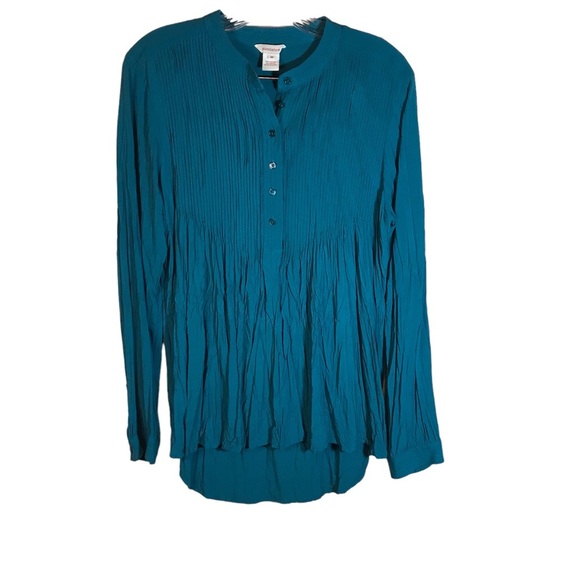 Sundance tunic blouse M green crinkle pin tuck long sleeve rayon popover office - Picture 1 of 10